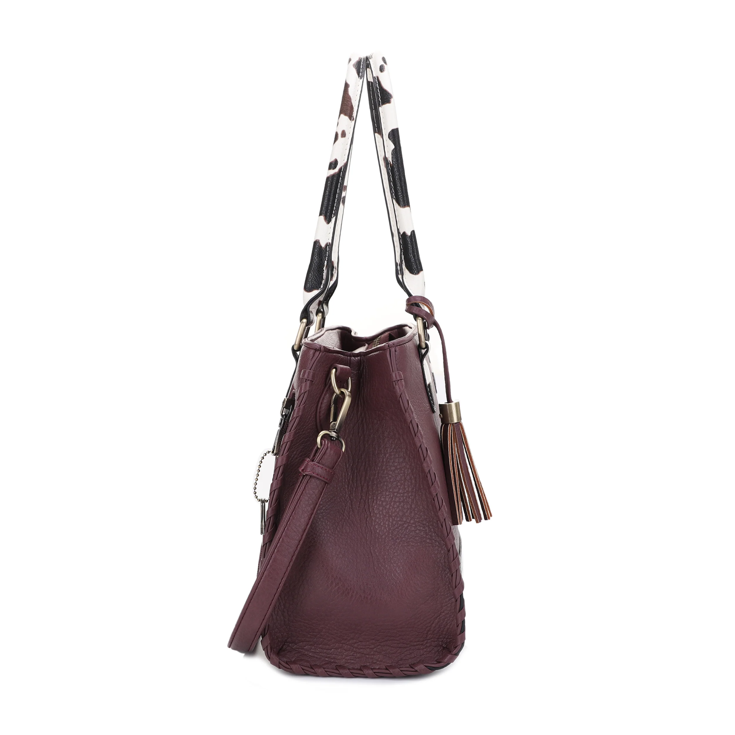 Montana Concealed Carry Lock and Key Whipstitch Cow Print Satchel Bag with Tassel - Image 12