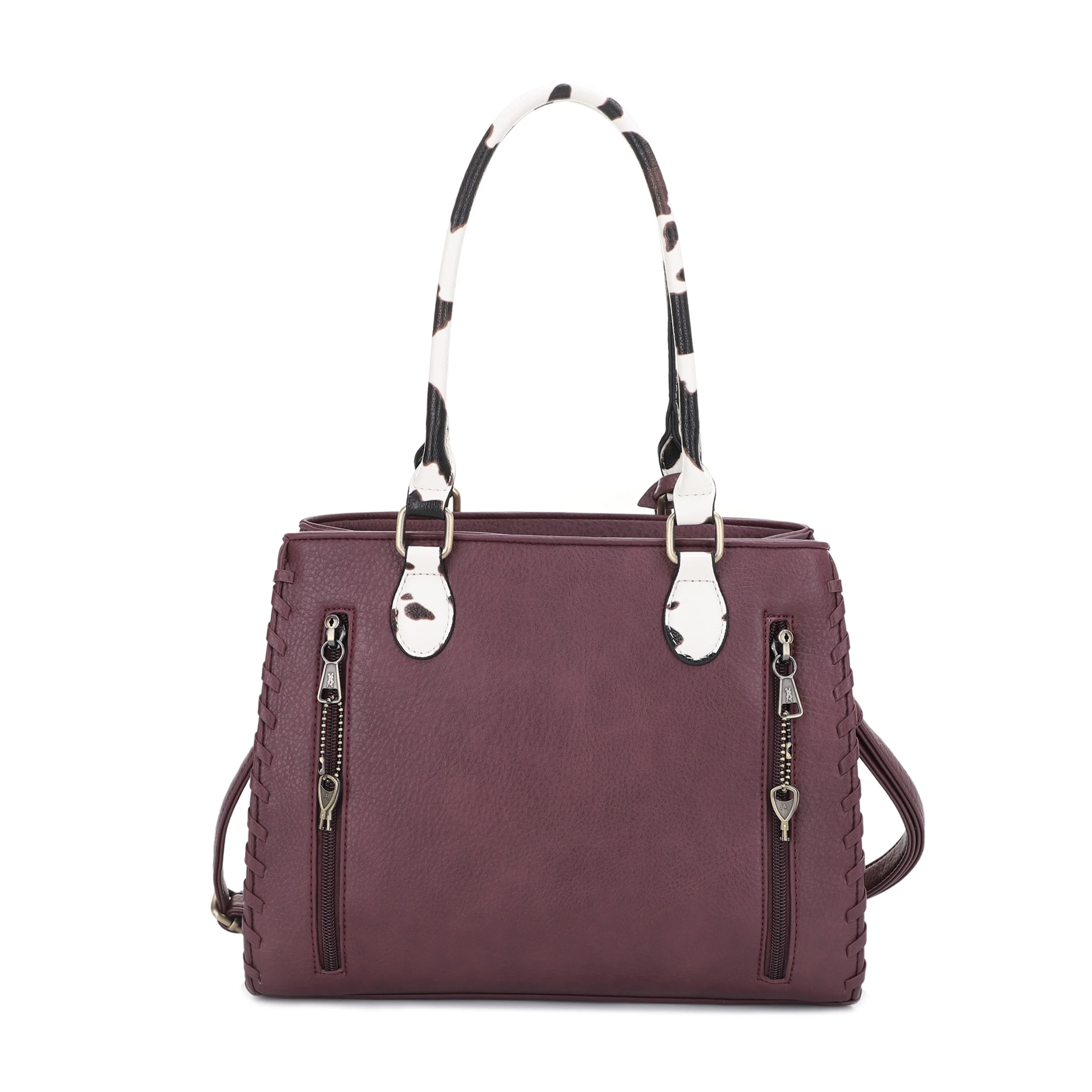Montana Concealed Carry Lock and Key Whipstitch Cow Print Satchel Bag with Tassel - Image 13
