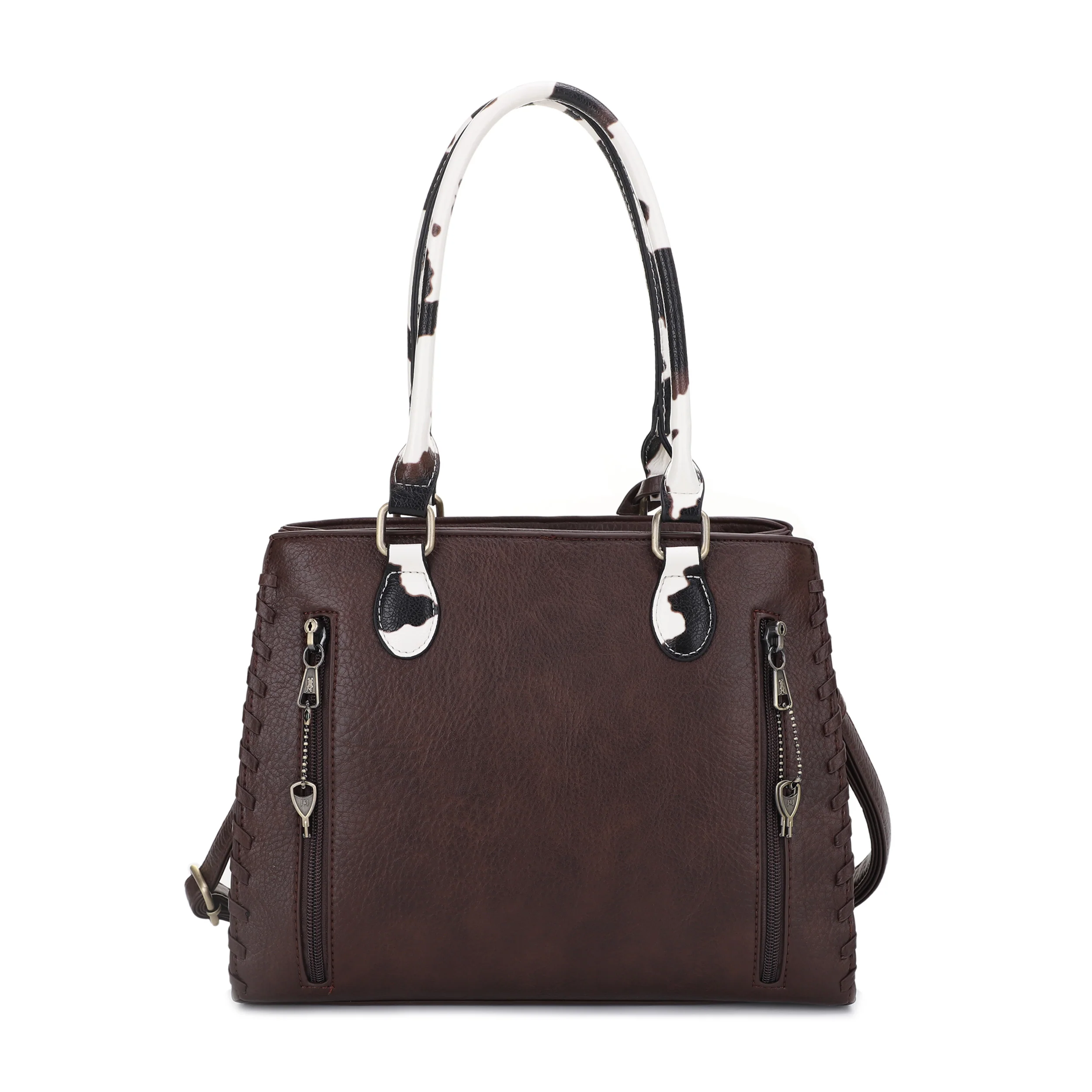 Montana Concealed Carry Lock and Key Whipstitch Cow Print Satchel Bag with Tassel - Image 27