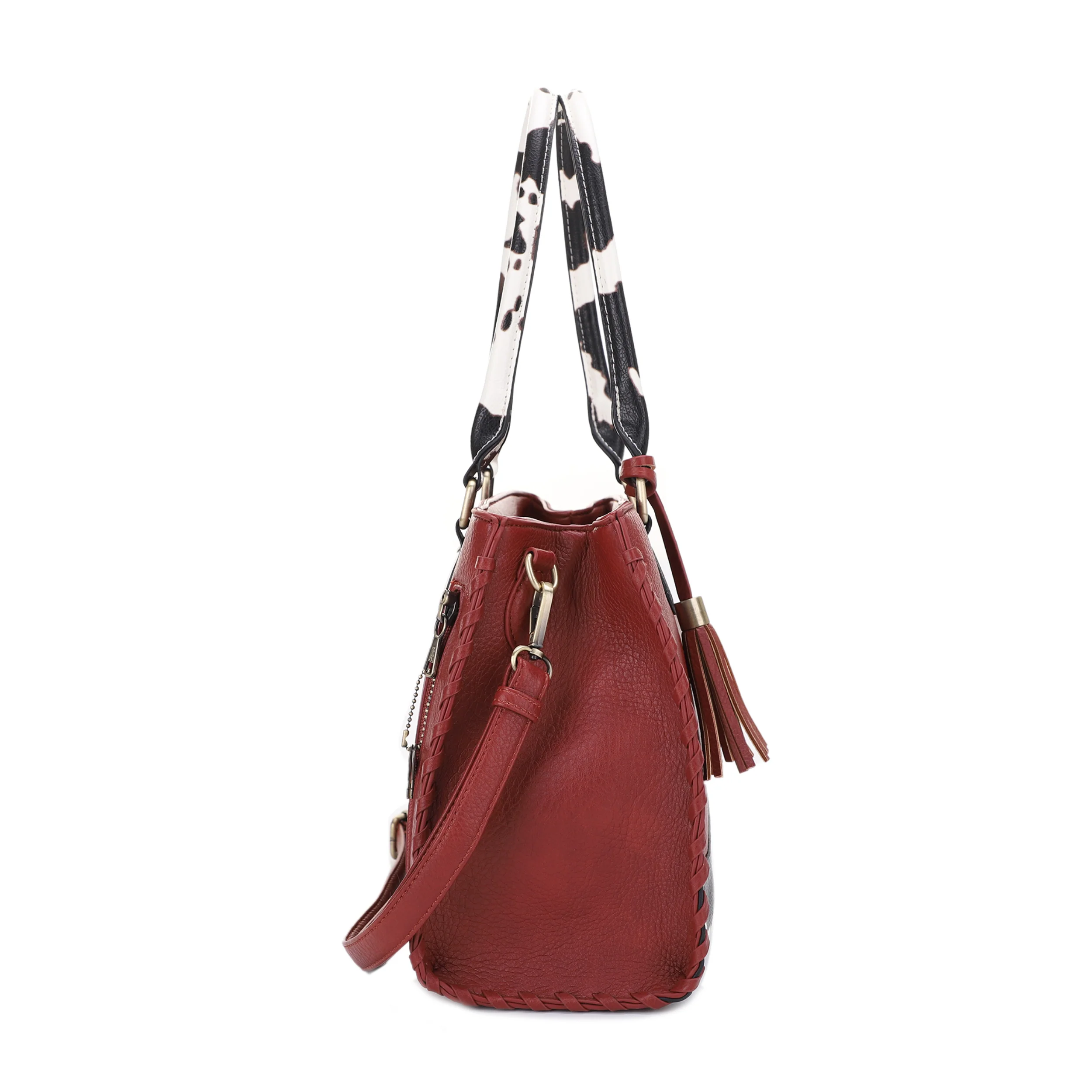 Montana Concealed Carry Lock and Key Whipstitch Cow Print Satchel Bag with Tassel - Image 33