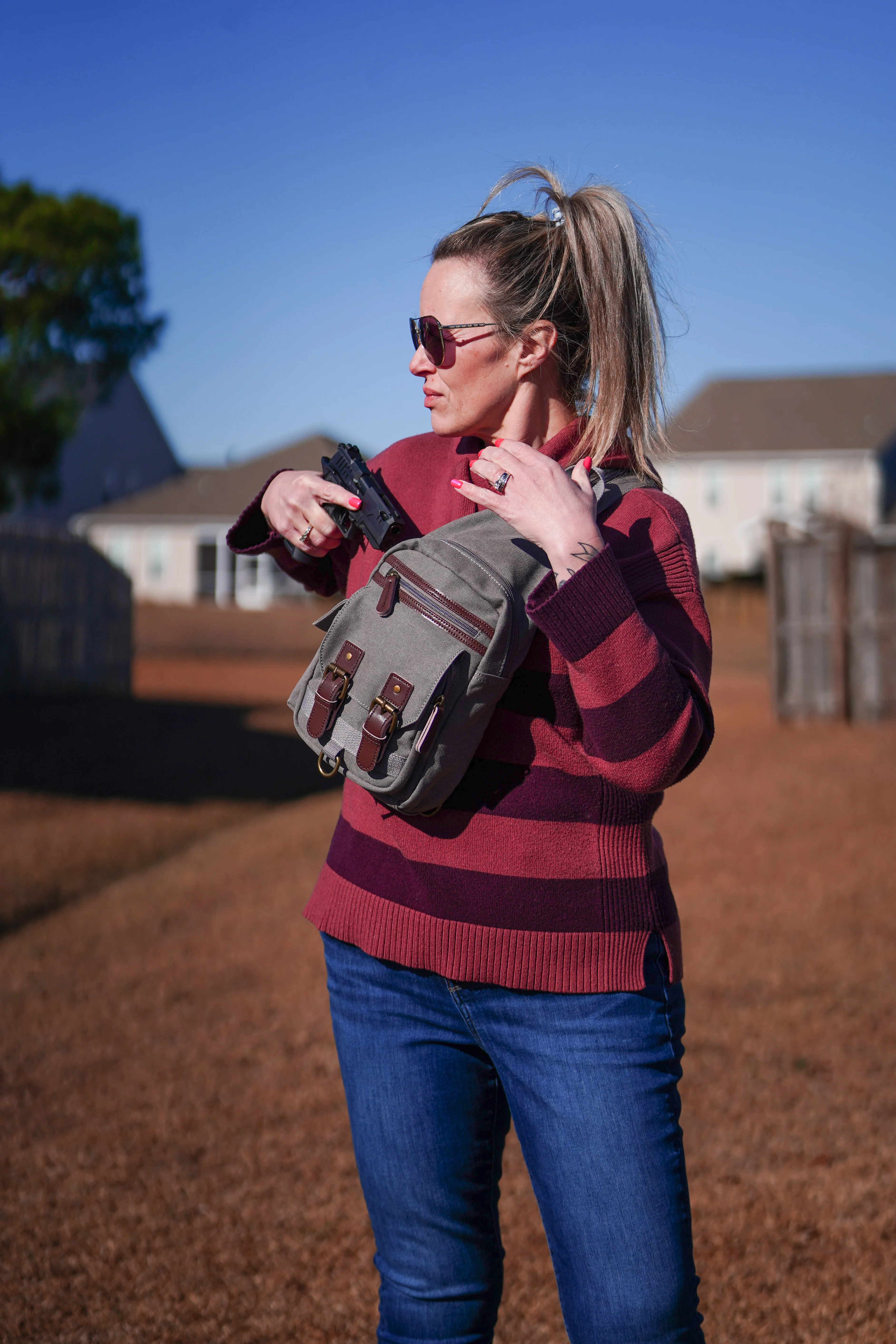 Shasta Unisex Canvas & Leather Concealed Carry Sling Bag - Image 12